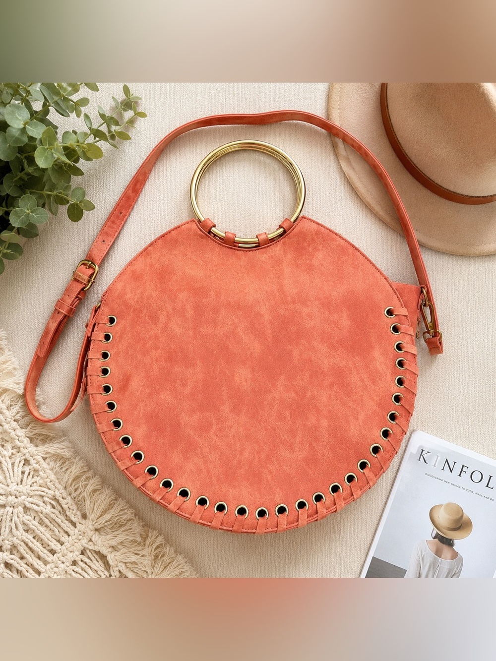 Anthropologie Coral Round Crossbody Bag with Gold Ring Handle Boho Chic